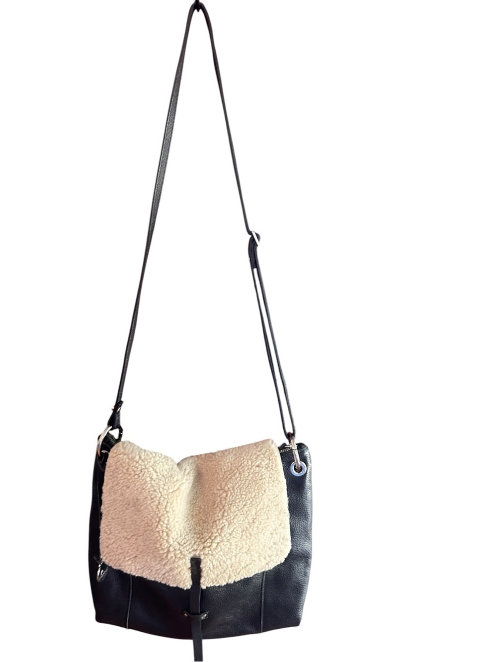 Nardelli black pebble leather with beige faux fur flap adjustable shoulder bag